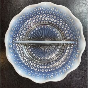 Vintage Fenton Clear Opalescent Moonstone Ruffled Edge Hobnail Divided Dish 7.5"
